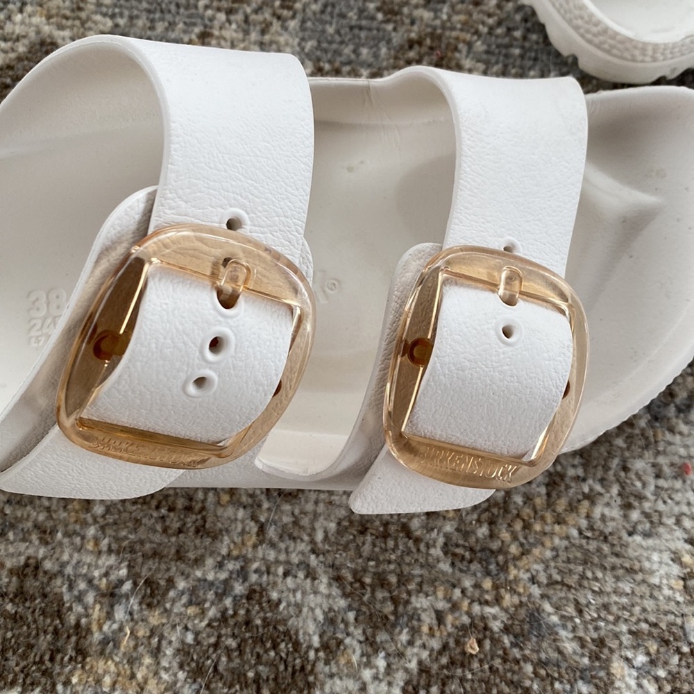 Birkenstock White Sandals with Gold Buckles - Picture 3 of 4